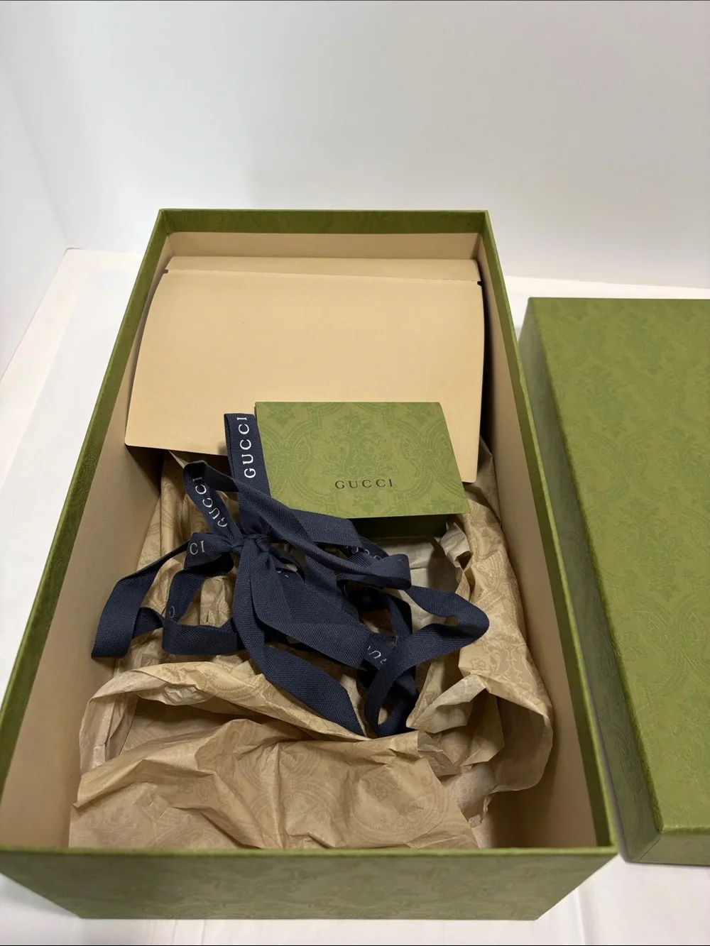Gucci Olive Green Embossed Logo Box shoe box 15 x 8 1/4 x 5 with ribbon